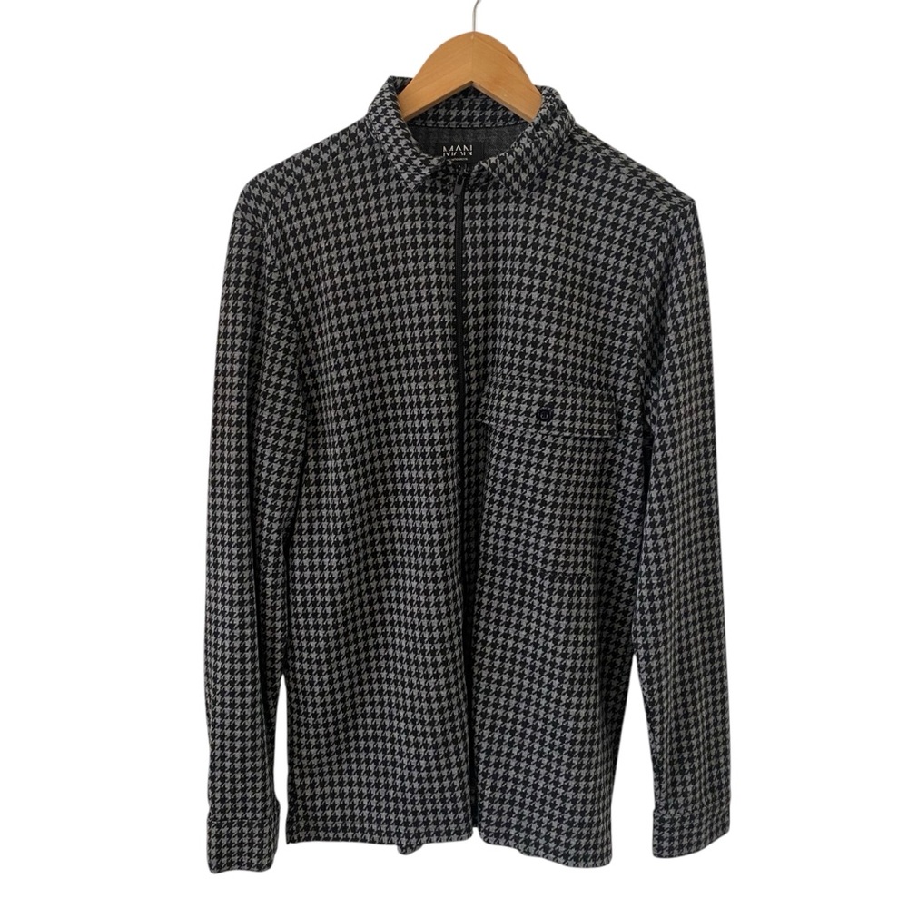 BoohooMAN Med. Black Grey Houndstooth Zip Up Jacket Streetwear Long Sleeve Shirt
